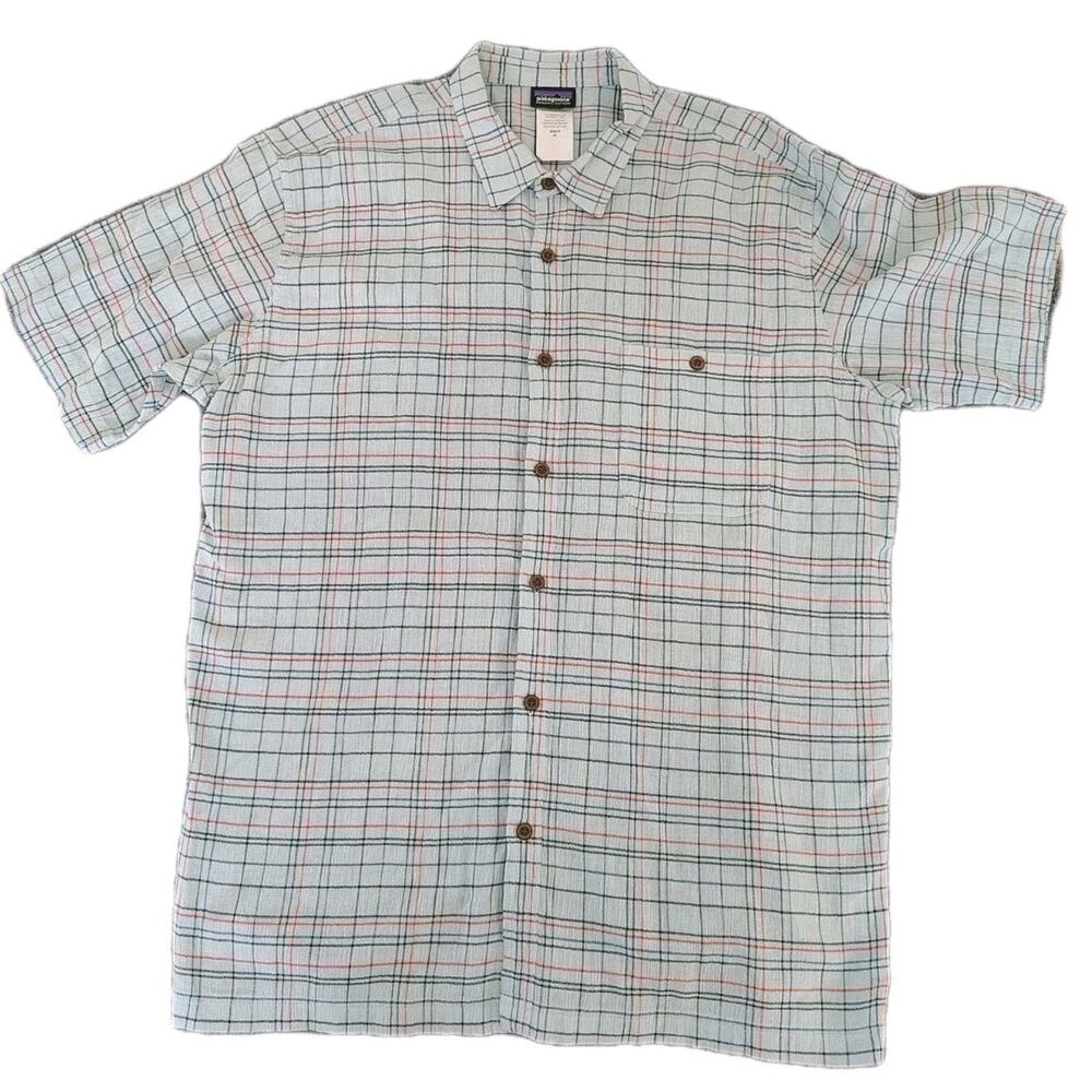 Patagonia Shirt Mens XL Blue Organic Cotton Crinkle Short Sleeve Button Down EUC